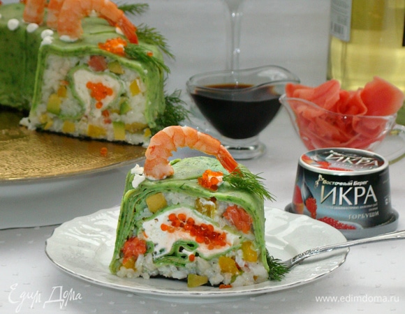 Блинный торт-суши с красной икрой