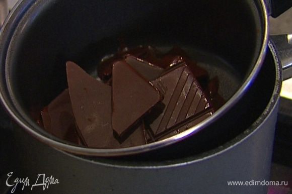 Приготовить тесто: шоколад растопить на водяной бане, соединить его с желтками и сахаром, добавить муку и крахмал и все перемешать.