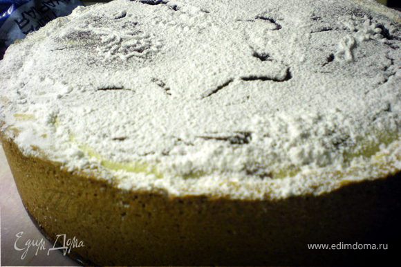 Поставить пирог в разогретую до 180 градусов духовку, выпекать в течение часа. Если верх пирога начнет пригорать, накрыть фольгой. Готовый пирог посыпать сахарной пудрой и украсить черникой. Пирог полностью остудить и разрезать на порции.