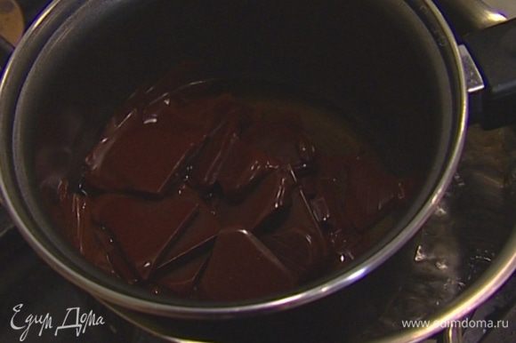 Шоколад выложить в небольшую кастрюлю, влить 2 ст. ложки воды и растопить на водяной бане.