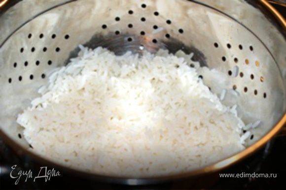 Положить рис в кастрюлю, залить 1 л воды. Воду посолить и варить 20-25 минут до готовности. Затем промыть рис холодной кипяченой или отфильтрованой водой.