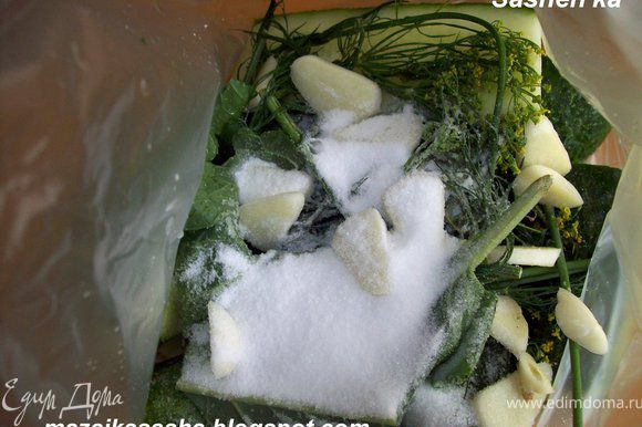 кладем огурцы в пакет, туда же отправляем зелень, соль и нарезанный кружочками чеснок.
