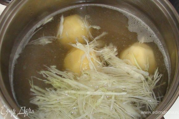 Капусту мелко нашинковать; помыть, почистить картофель; положить (картофель и капусту) в бульон и отварить.
