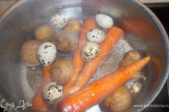 Отварить морковь, картошку и яйца