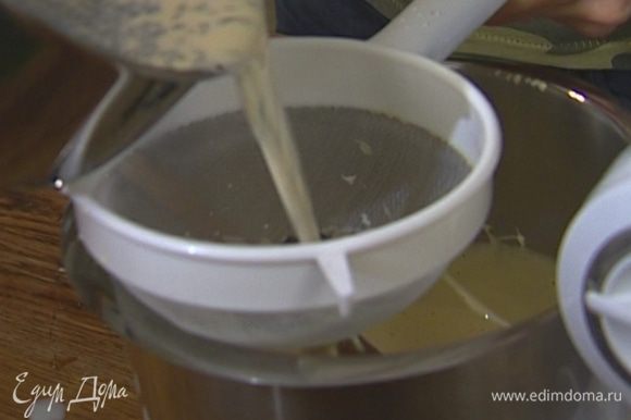 Процедить молоко со сливками и чаем через сито и ввести к желткам.