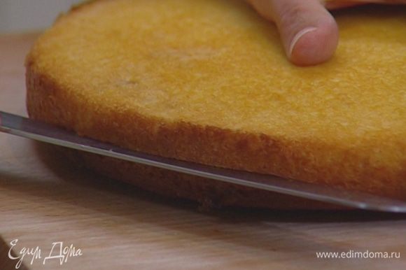 Тесто выложить в форму и выпекать бисквит в разогретой духовке 30–40 минут, затем остудить и разрезать вдоль пополам.