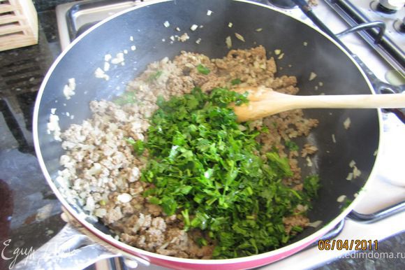 Фарш обжарить 10 минут на оливковом масле, затем добавить нарезанный лук, жарить еще 10 минут. Добавить нарезанную петрушку, соль, специи.