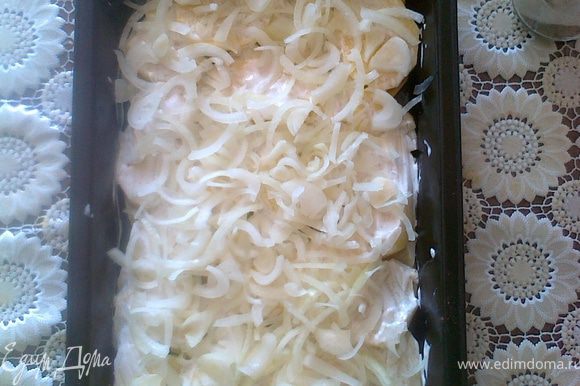 1 слой: Картофель почистить ,порезать тонкими пластинами,смазать майонезом,посыпать соль и перец.Так же поступаем с каждым слоем. Сверху кладем порезанный репчатый лук.