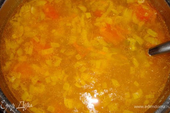 В суп добавляем картофель, пассерованные лук и морковь, помидоры, а также корень петрушки (если есть). За 5 минут до готовности добавить прокипяченный квас (опять же, если есть) и красный молотый перец.
