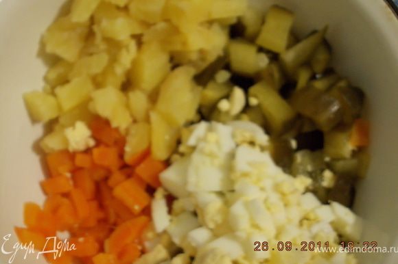 огурцы ,картофель,морковь,яйца нарезать мелкими кубиками