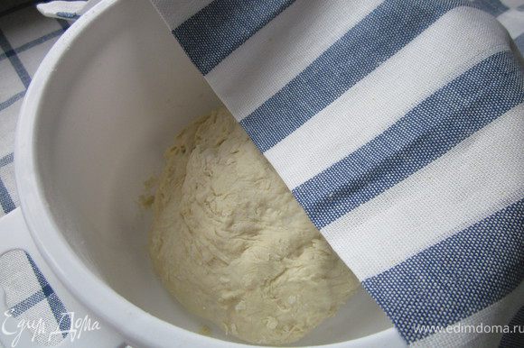 Теперь добавляем муку и замешиваем тесто. Тесто сформировать в шар и под полотенце на 40 минут в теплое место