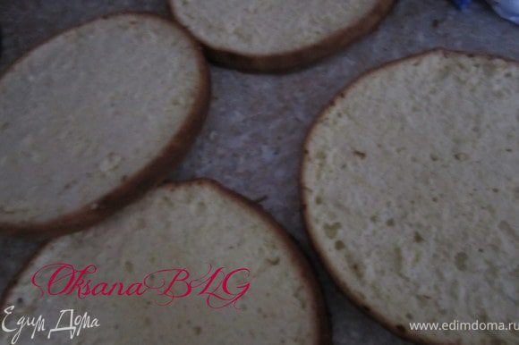 Приготовить бисквит по рецепту http://www.edimdoma.ru/recipes/20733 в двух формах (д. 24 см). Бисквит охладить, каждый разрезать на два коржа.