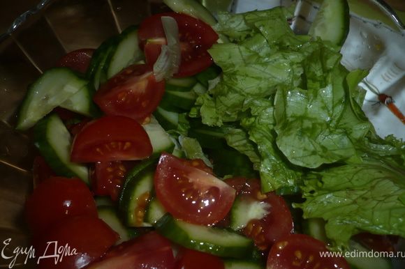 порвем салат руками, порежем полукольцами огурец и черри помидорки на 4 части