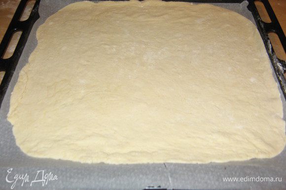 На присыпанной мукой поверхности или непосредственно в форме для пиццы (тогда берите 22-24 см диаметром), смазанной оливковым маслом, раскатать тесто. Если оно очень эластичное, не держит форму и сжимается после раскатывания, дать ему постоять несколько минут и снова раскатать.
