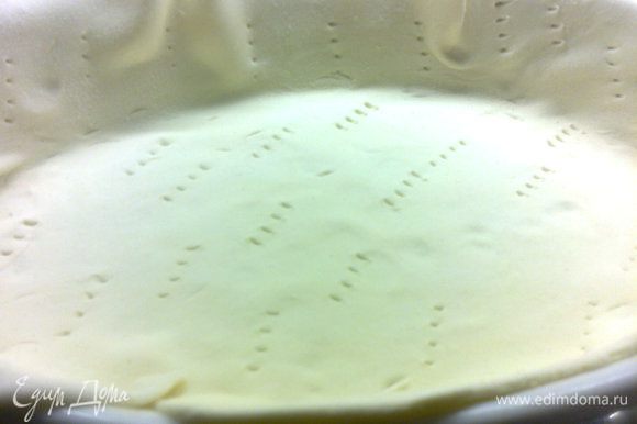 Тонко раскать тесто и выложить в форму,предварительно смазанную сл.маслом,наколоть вилкой