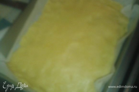 охлаждённое тесто разделить на 2 неравные части,большую раскатать в пласт толщиной 2 мм.и выложить в форму для выпечки,застеленную пекарской бумагой,тесто наколоть вилкой