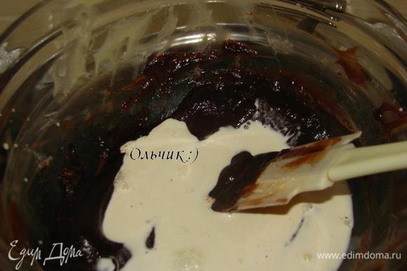 Ганаш их черного шоколада: сливки доводим практически до кипения. Выливаем в шоколад. Перемешиваем.