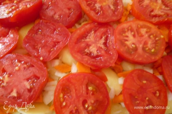 Затем выкладываем слой помидор,нарезанных не очень тонкими кружочками.
