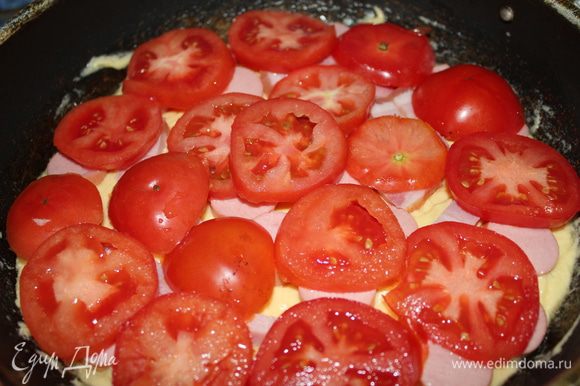 Выложить начинку по желанию, сверху помидорки, порезанные кружочками положить.