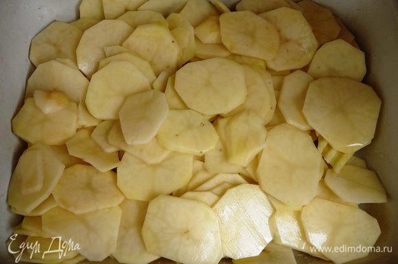 На дно формы налить немного масла и выложить ломтики картофеля.