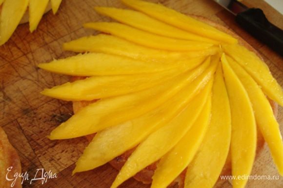 На пирожные пoложить манго,покрыть желе,переместитиь в холодильник на 30-40 мин.