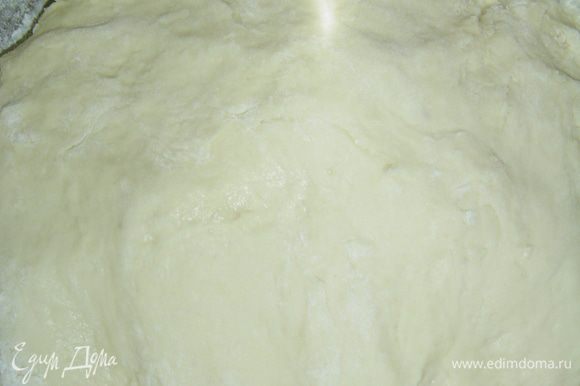 В молочно-дрожжевую смесь кладем просеянную муку (950г), тесто будет липким, но это нормально. Руки смазываем растительным маслом и формируем из теста шар, который перекладываем в миску, накрываем полотенцем и ставим в теплое место подходить, оно должно увеличиться почти вдвое.
