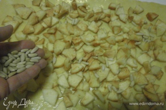 Теперь очередь начинки. Яблоки очистить и нарезать кусочками. Выложить на тесто, оставляя свободными края . Сверху посыпать кедровыми орешками.