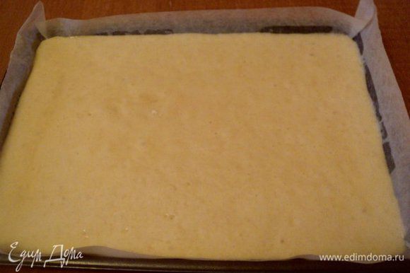 Форму (21х35 см) застелить бумагой для выпечки, смазать маслом, вылить тесто. Выпекать при температуре 180 градусов 15 мин.