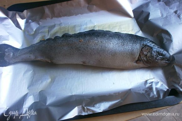 Уложить рыбу на лист фольги, предварительно смазанный оливковым маслом . Рыбу с обеих сторон посолить и посыпать тимьяном.