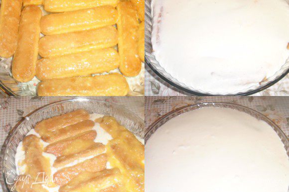 Выложенный одним слоем бисквит залить кремом,затем снова слой бисквита пропитанный мандариновым соком последним должен быть слой крема.