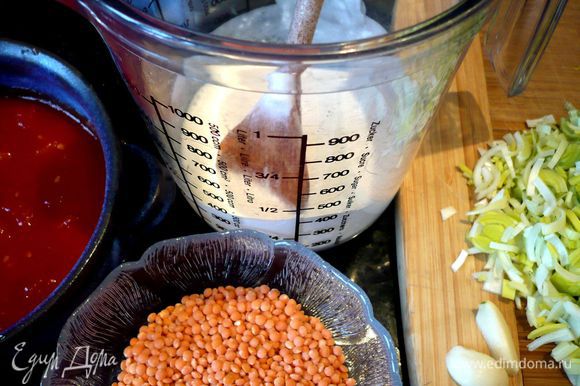 Приготовим другие ингредиенты. Мелко порежем лук-порей и очищенные от кожицы томаты.