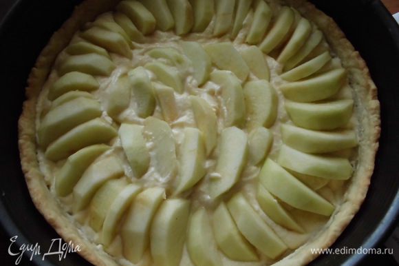 Песочную основу охладить, затем выложить творожную начинку и яблоки. Вернуть в духовку на 40 минут.