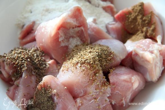 Нарежьте куриное мясо небольшими кусочками. В миске смешайте муку, кориандр, тмин, перец и корицу. Обваляйте курицу в этой смеси.