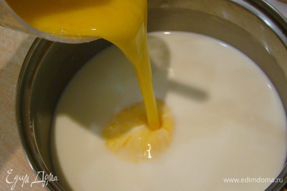Венчиком взбиваем яйца с молоком (100 мл) и крахмалом, вливаем тонкой струйкой в теплое молоко, размешиваем