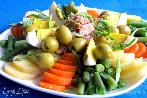 ....и другие овощи. Посыпать салат нарезанным зеленым луком и оливками, полить заправкой. Приятного аппетита!