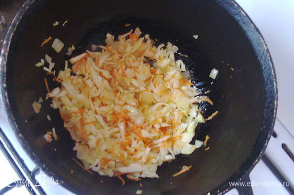 Нагреть немного подсолнечного масла в сотейнику. Поджарить лук. всыпать капусту и морковку, посолить, тушить до готовности. Можно добавить лавровый листик и пару горошин черного перца.