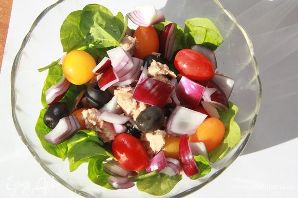 В салатницу выложить листья шпината, помидорки, маслины, красный лук, мясо тунца.