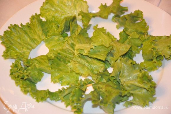 Листья салата промыть и разложить по тарелке.