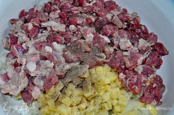 Лук и картофель очистить,нарезать мелкими кубиками. Замаринованное мясо достать,промокнуть от маринада и нарезать кубиками,добавить к мясу лук и картофель,приправить по вкусу солью и перцем,хорошо перемешать.