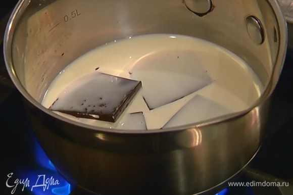 Оставшийся шоколад поломать небольшими кусочками, выложить в кастрюлю, влить сливки и растопить.