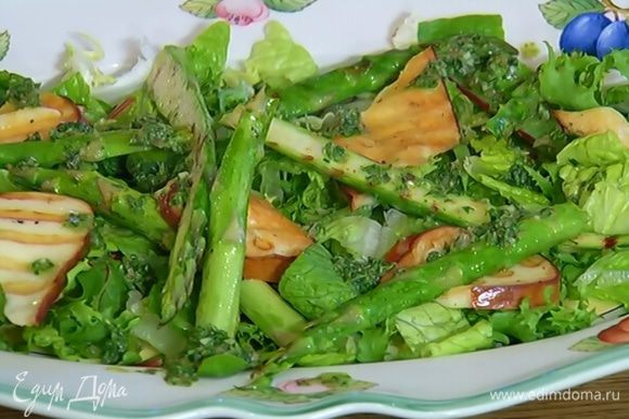 На тарелку выложить листья салата, поджаренный сыр и спаржу, полить салат сальса верде. Оставшийся соус подать в отдельной посуде.