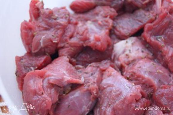 Мясо порезать крупными кусочками, натереть солью и смесью прованских трав, сбрызнуть оливковым маслом, оставить в холодильнике на час.