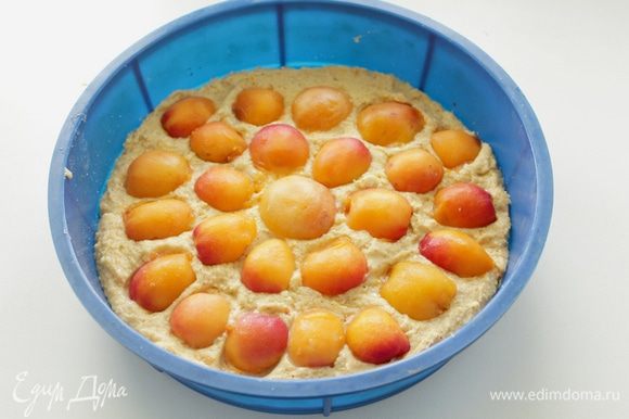 Выложить тесто в форму диаметром 22–24 см, сверху положить дольки абрикосов, слегка вдавив их в тесто.