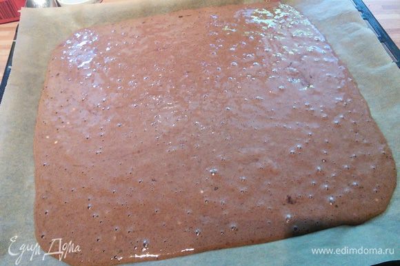Вылить тесто на противень, покрытый пекарский бумагой и выпекать в разогретой духовке при темп. 200 гр. 10-12 мин.