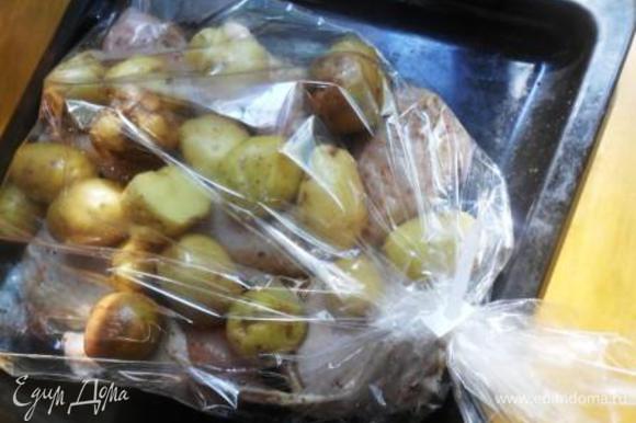 Выложить картофель на курицу в пакет для запекания и поместить в разогретую духовку. Запекать около часа при 200С.