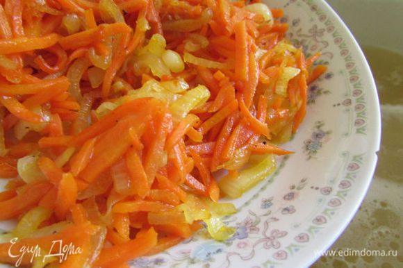 Обжарить на оставшемся масле. Куриный бульон процедить довести до кипения и добавить лук и морковь.