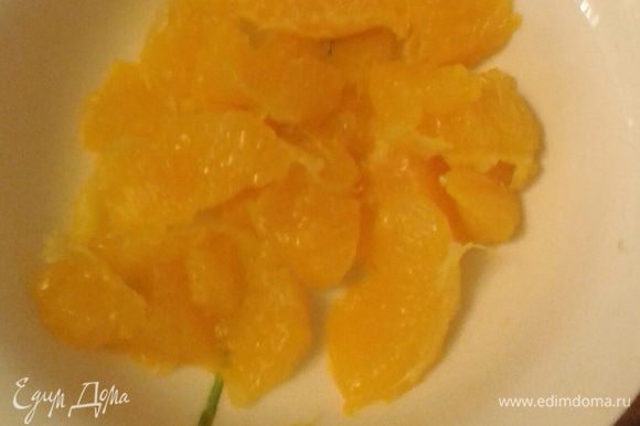 С апельсина снять кожуру. Острым ножиком вырезать дольки между пленками, вытекающий при этом сок сохранить. Филе апельсина порезать на средние кусочки.