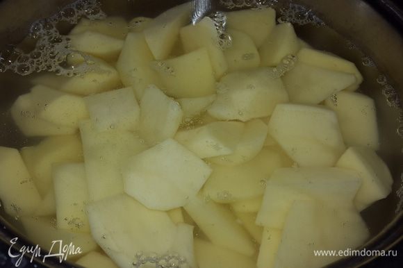 Картофель очистила, произвольно нарезала, залила водой, посолила и поставила варить.