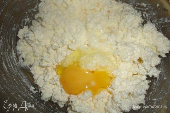Готовим начинку: Творог разминаем вилкой, добавляем 2 яйца, соль и сахар. Размешиваем.