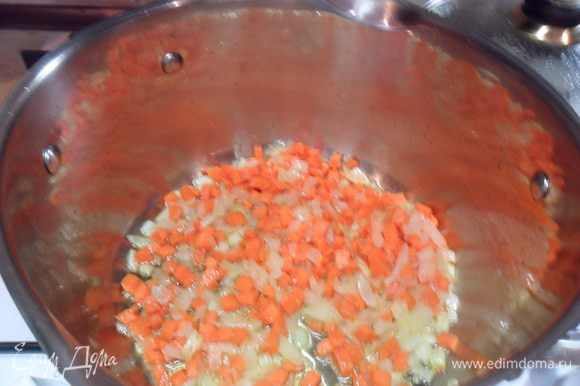 В кастрюле разогреем растительное масло и обжарим мелко нарезанный лук и нарезанную морковь.